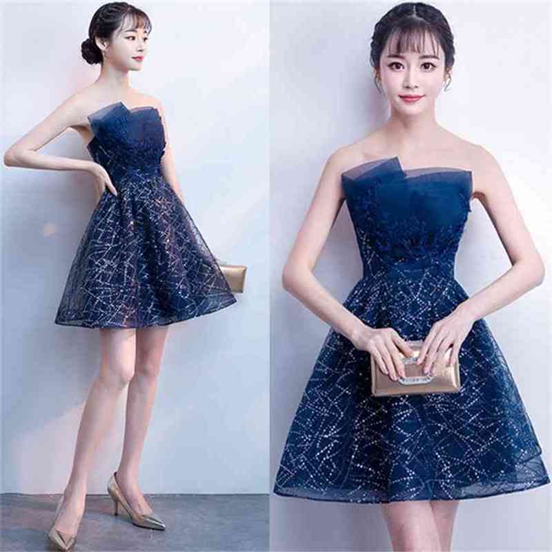 

Summer Sleeveless Elegant A-line Sequined Dress Ladies Party Lace and Mesh Mini Women es Strapless Sexy 210603, Red