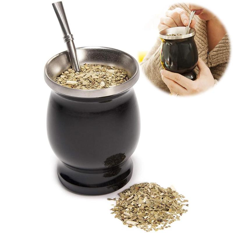 

Mugs Yerba Mate Natural Gourd Tea Cup Set 8 Ounces Straw Stainless Steel Double-Walled Easy Clean Insulated Coffee Cups Taza Mug, Black