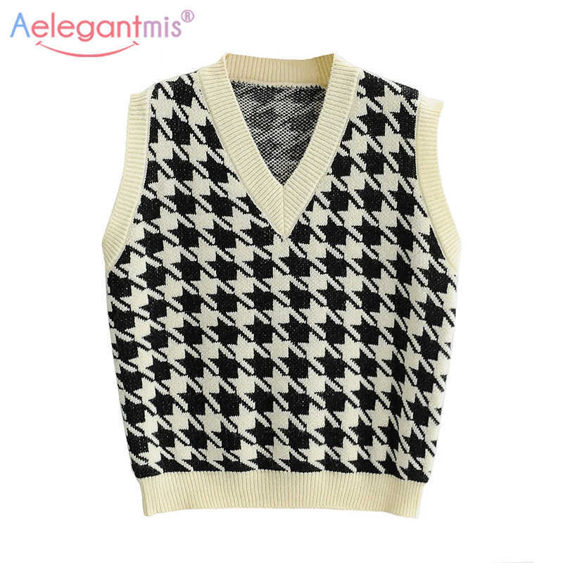 

Aelegantmis Vintage Houndstooth V Neck Knitted Vest Women Korean Loose Pullover Sleeveless Sweater Casual Jumpers Waistcoat Chic 210607, As shown