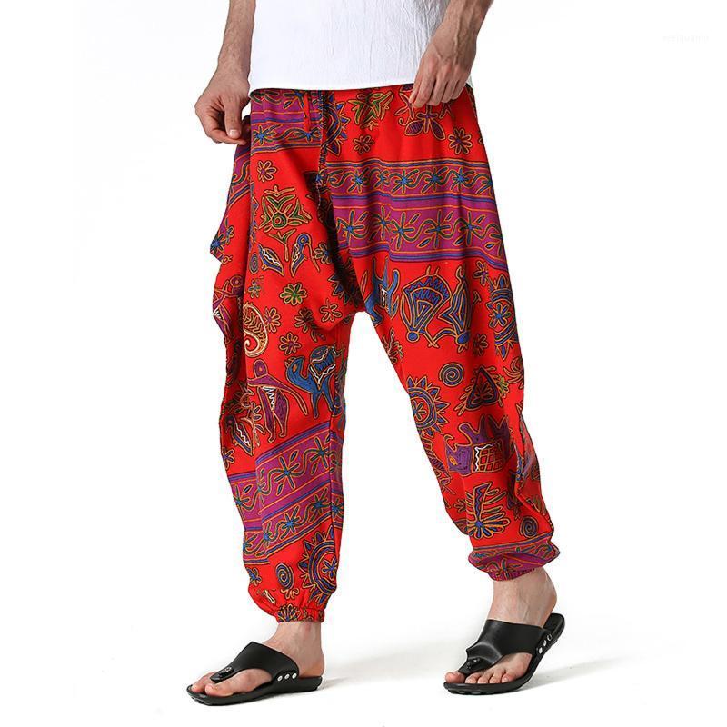 

Men' Pants Men Retro Printed Loose Vintage Casual All-match Elastic Waist Chic Harem Trousers Fashion Streetwear Ethnic Style, Black