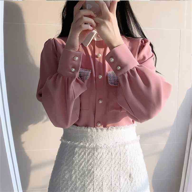

Pearls Elegance Blouses All Match Gentle Chic Brief Office Lady Large Size Early Spring High Quality Shirts 210525, Pink