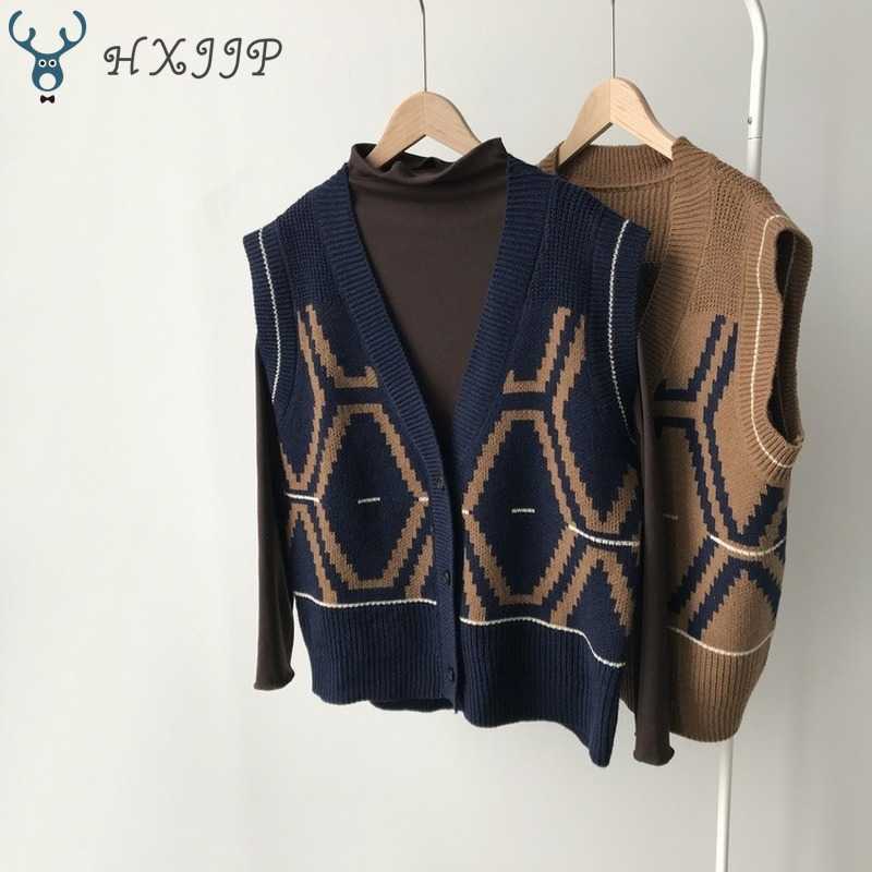 

HXJJP Geometry Retro Womens Sweater Vest Spring Autumn Single Breasted Knitted Women's Cardigan 210607, Khaki