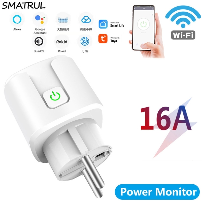 

SMATRUL Tuya WiFi Smart Plug 16A 220V Adapter Wireless Remote Voice Control Power Monitor Timer Socket Home Kit for Alexa 210724