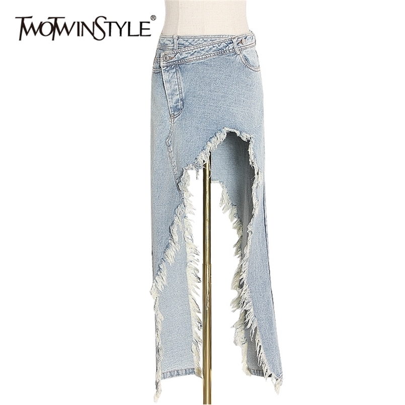 

TWOTWINSTYLE Patchwork Tassel Asymmetrical Denim Skirts High Waist Pocket Irregular Hem Female Spring Fashion 210702, Blue