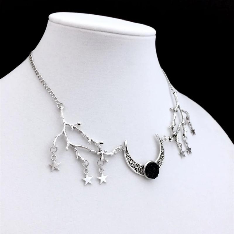

Pendant Necklaces Witch Goth Black Moon Necklace Branch Statement Mystical Women Gift Jewelry Witchy Crescent Druzy, Silver