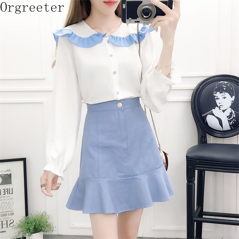 

Preppy Style Spring Sweet Peter pan collar Ruffles Chiffon Shirt + Imitation Denim Blue Mermaid Mini Skirt 2 Piece Suit 210602, Black