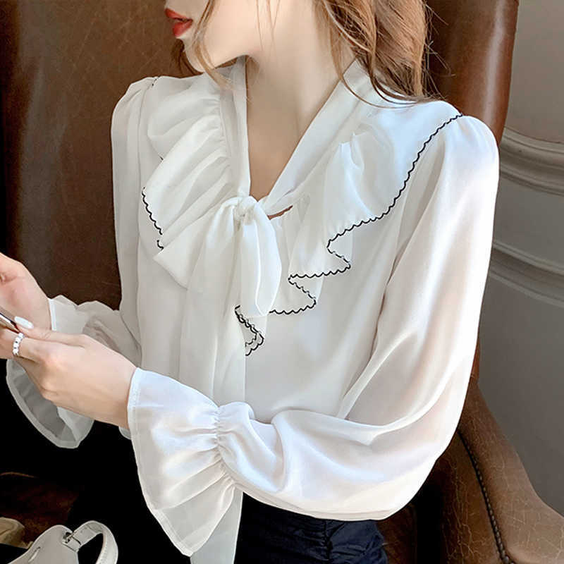 

Blouse Women Blusas Mujer De Moda Ruffles V-neck Chiffon Blouse Shirt Long Sleeve White Blouse Women Blouses Shirts D475 210602