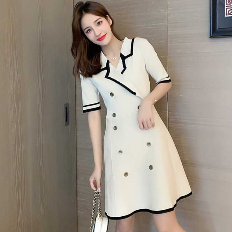 

Summer Women Short Sleeve Double-breasted A-Line Knitting Dress Office Ladies Casual Mini 210526, Black