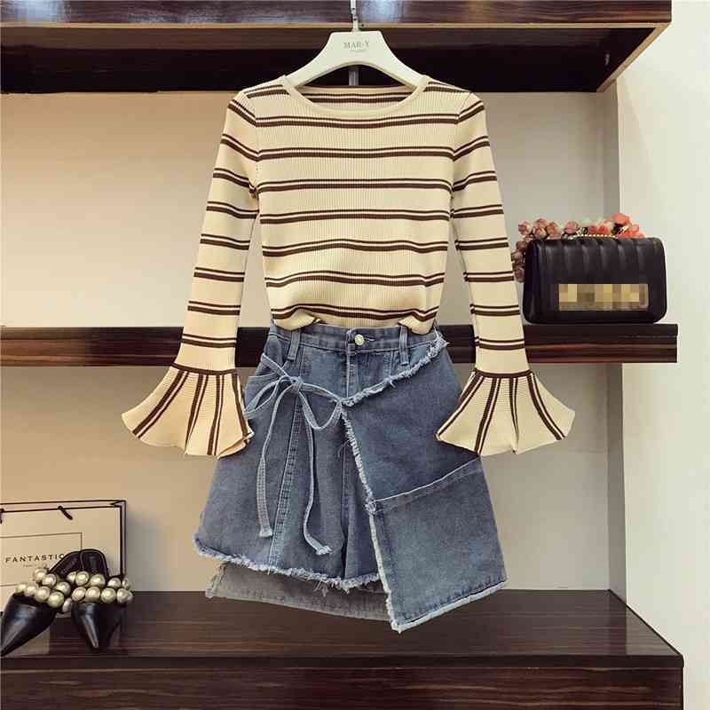

Knitted Tops and Denim Skirt Sets Spring Fall Striped Flare sleeve Sweater Asymmetry Jeans 2 Piece 210525, Beige