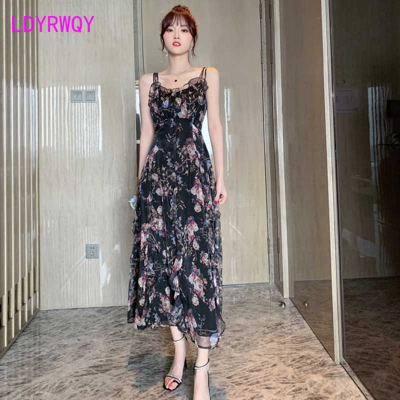 

Summer Women' French Retro Niche Floral Strap Dress Chiffon Zippers Sleeveless Office Lady Polyester 210603, Black