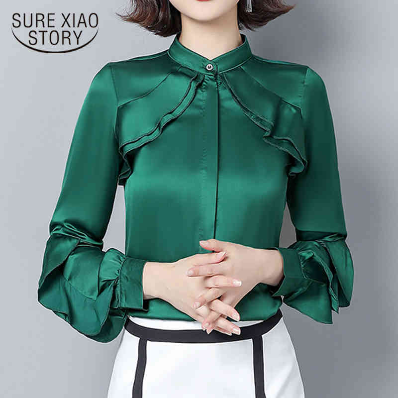 Collier de support de bureau de bureau Solin Automne aux chemises en satin à manches longues Satin Ruffles Cardigan Ladies Tops 11089 210415