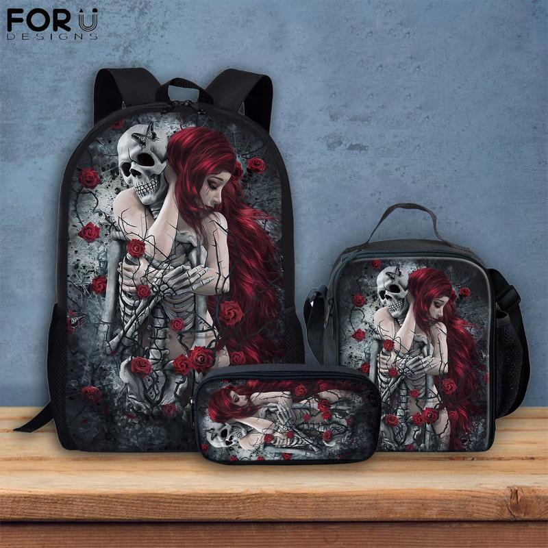 

School Bags FORUDESIGNS Gothic Skull Rose Pattern Children Backpacks Set For Girls Boys Large Keep Warm Pencil Case