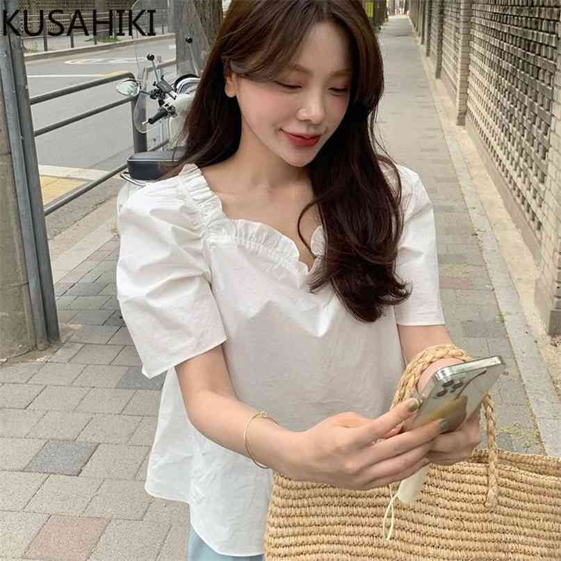 

Elegant Sweet Ruffle Square Collar Women Blouse Shirt Summer Puff Sleeve Top Causal Solid Pullover Blusa 6H533 210603, White