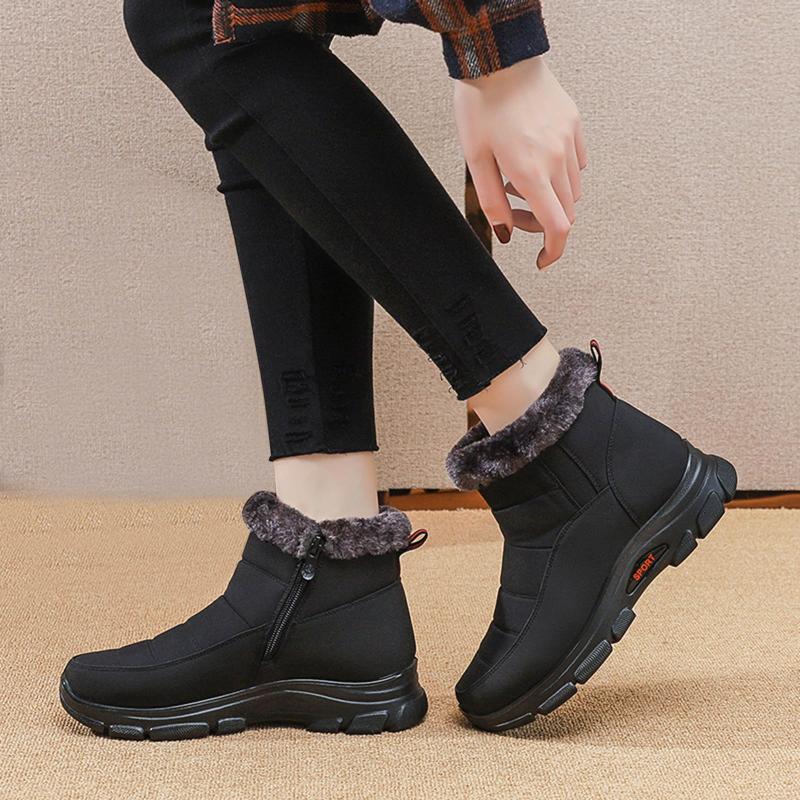 

Boots Ladies Flat Bottomed Pure Color Plus Velvet Fuzzy Warm Side Zipper Snow All Match Retro Vintage Casual Ulzzang, Black