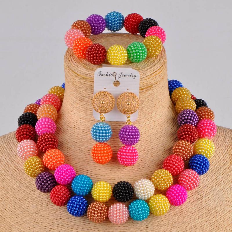

Earrings & Necklace Multicolors Simulated Pearl Europe And America Party Jewelry Set African Wedding Beads Nigerian ZZ02, As pic