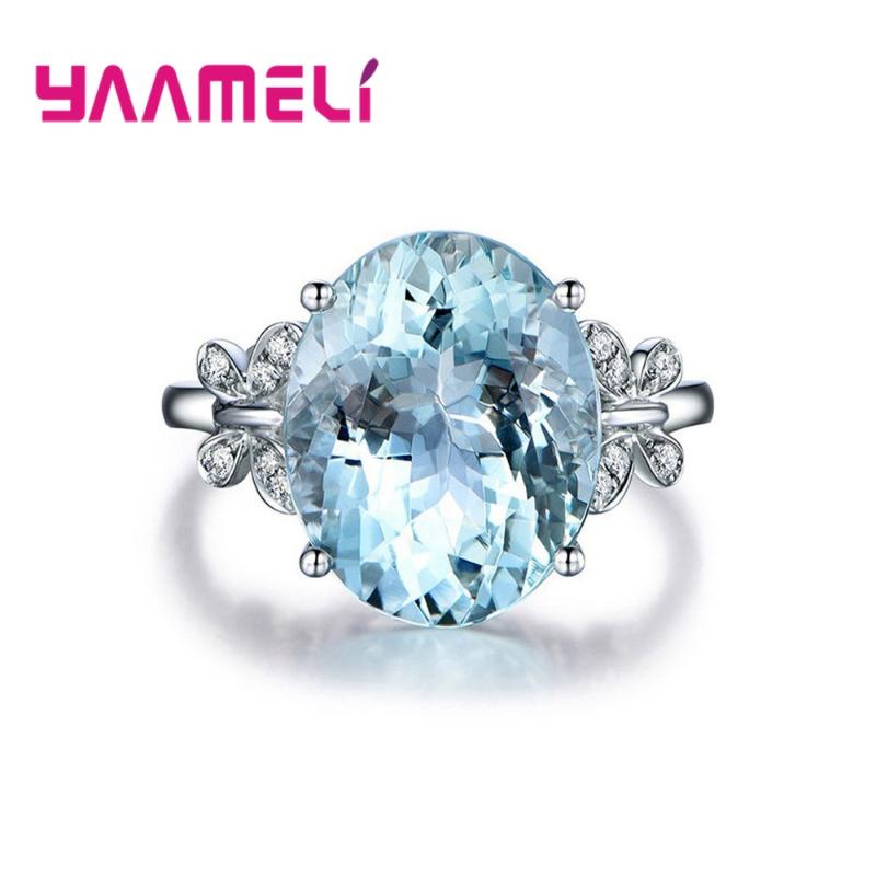 

Cluster Rings Fine 925 Sterling Silver Jewelry Gift Nice Light Blue Oval Cubic Zirconia With Butterfly Decoration Women Female Wedding, Golden;silver
