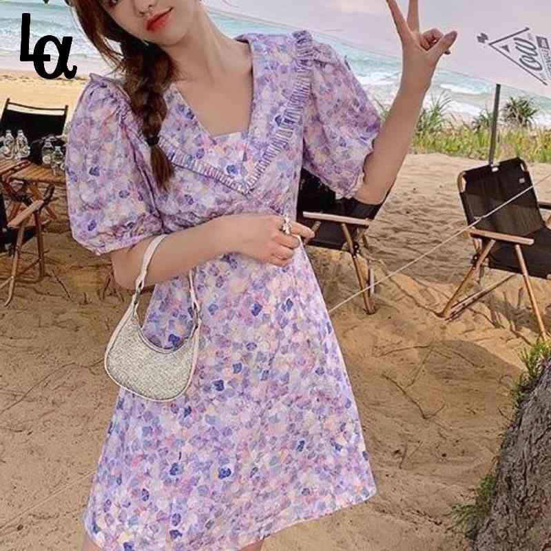 

Summer Elegant Floral Dress Women French Vintage High Waist Sweet Classy Casual Puff Sleeve Party Beach 210519, Purple