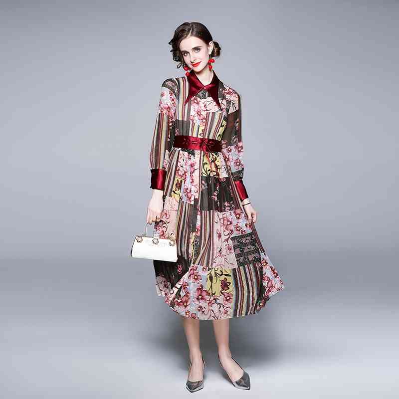 

Banulin Summer Fashion Runway Long Sleeve Party Dress Women's Shirt Collar Floral Print lace up Belt Boho Beach 210603, Burgundy