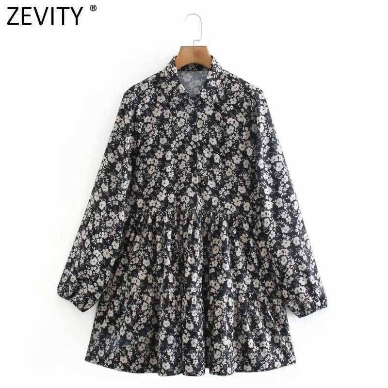 

Zevity Women Vintage Turn Down Collar Flower Print Pleats Casual Mini Dress Prairie Chic Ladies Long Sleeve Vestido Dress DS4791 210603, As pic ds4791ld