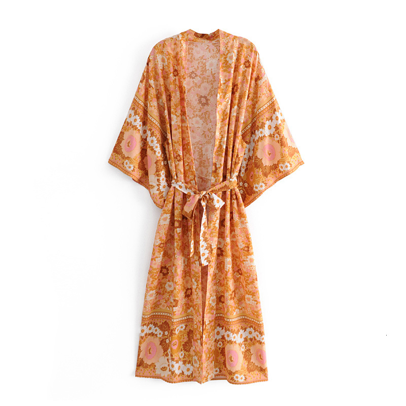 

Women' & Shirts Women Long Kimono Summer Orange Floral Print Bohemian Sashes Cardigan Robe Beach Boho Blouses Shirt Loose Cover-U