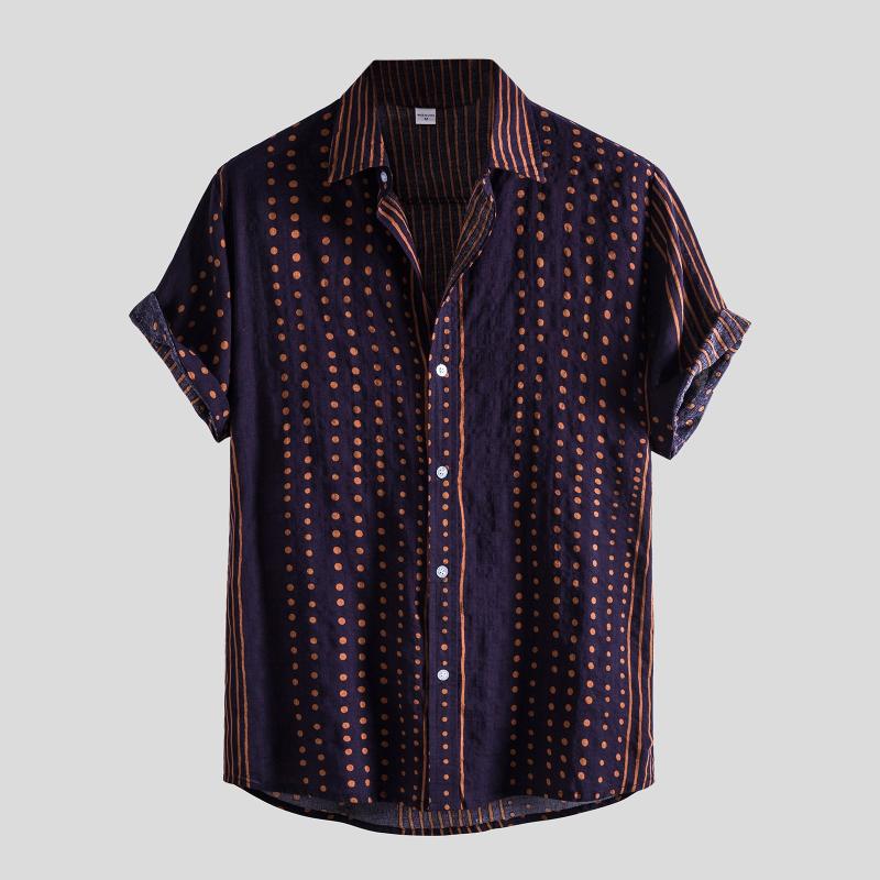 

Men's Casual Shirts Men Shirt Polka Dot Striped Print Short Sleeve Fashion Button Turn-down Camisa Hombre 2021 Free Fast, Navy