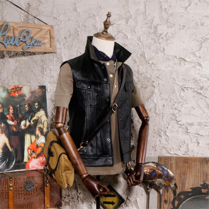 

Men' Leather & Faux Header Level Vest American Retro Ka Ji Heavy Locomotive, Black