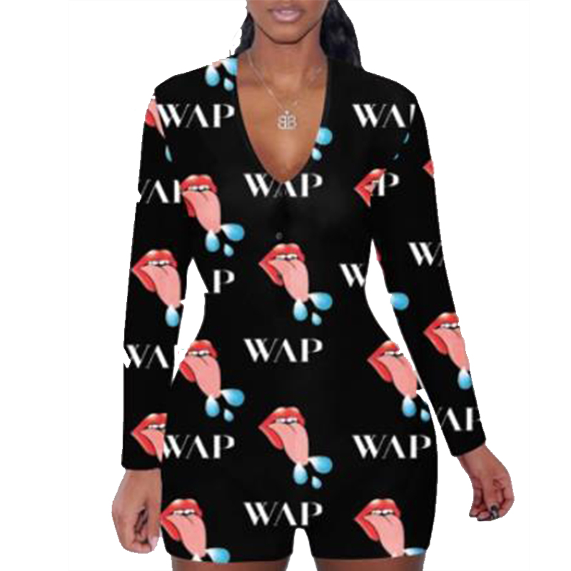 

WAP Onesie Women Sexy Cardi B Long Sleeve Short Jumpsuit Pajamas Adults Sleepwear Plus Size Lingerie Bodysuit Feme Home Wear