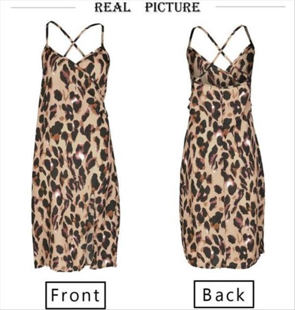 

leopard strappy sleeveless women dress cami vest straight backless v neck casual short knee length, Black;gray