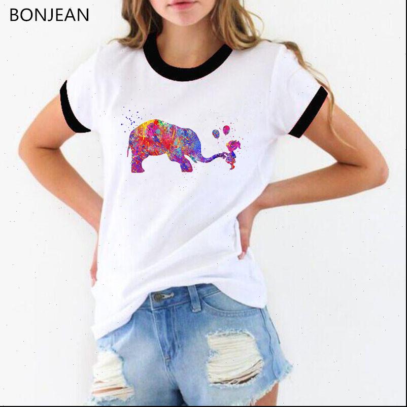 

funny watercolor girl with elephant womens t shirts and balloon summer fashion tee femme novelty design female, White