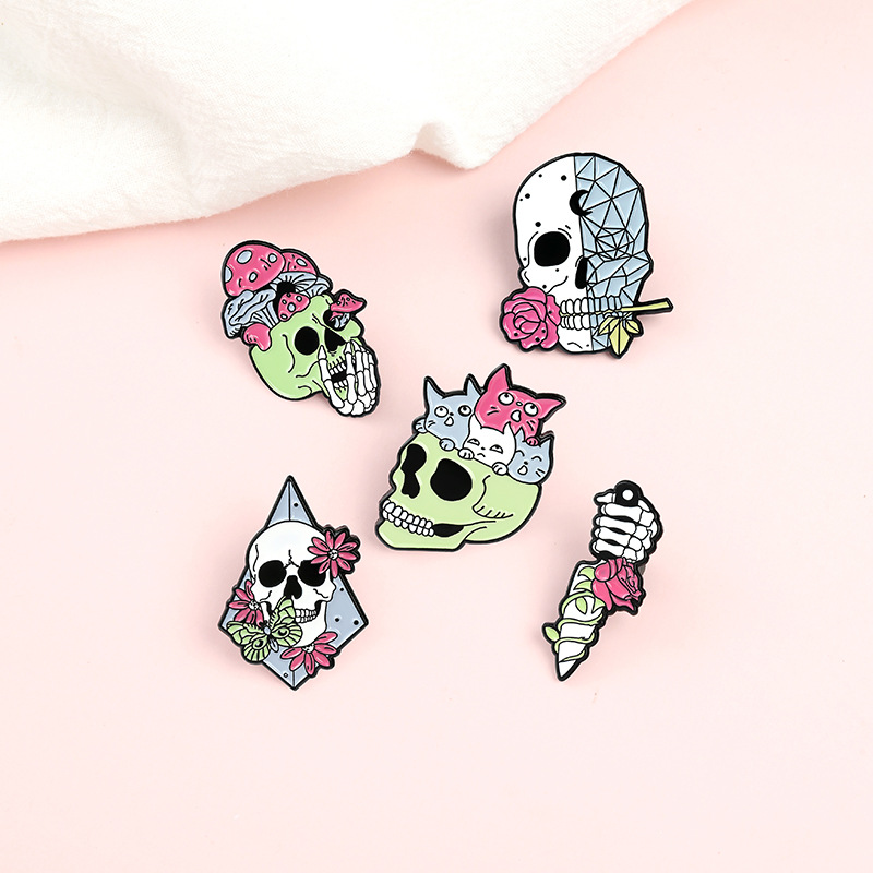 

Sugar Skull Anatomy With Roses Enamel pins Pink Floral Skeleton Brooches Backpack Hat Jewelry Accessories Gothic Gift For Friends
