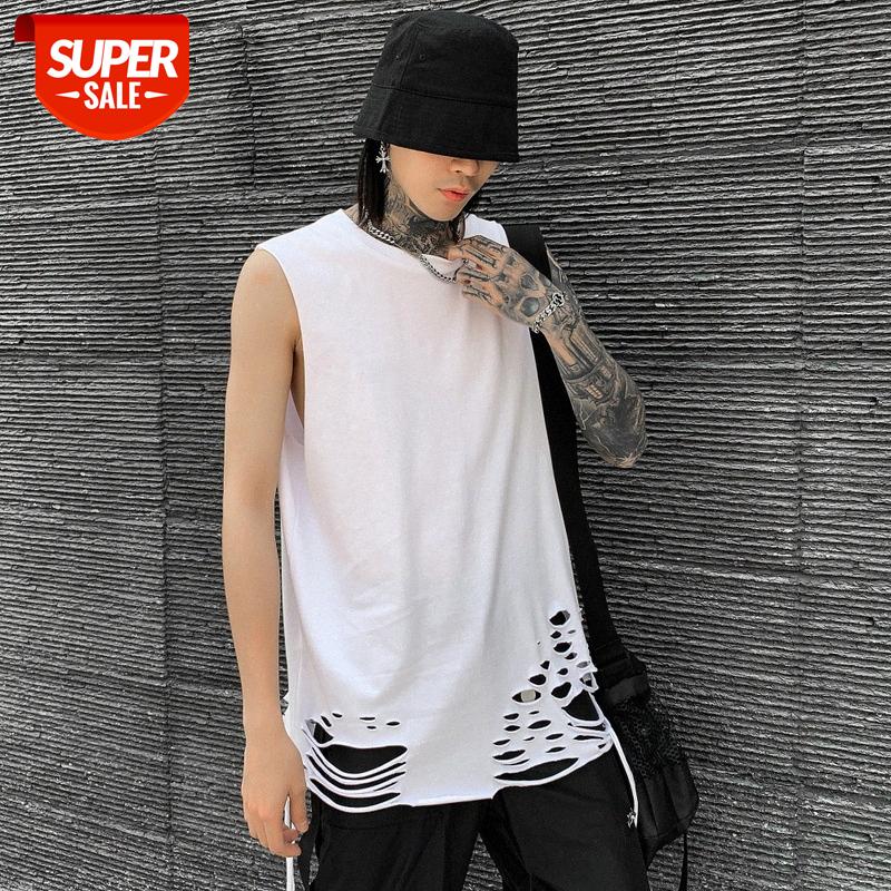

Hem hole vest men's knife cut destruction hip-hop loose sleeveless T-shirt undershirt #U26Q, White;black