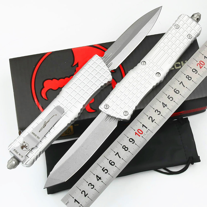 

High End Silver MT AUTO Tactical Knife D2 Stone Wash Blade CNC 6061-T6 Handle EDC Pocket Knives With Retail Box