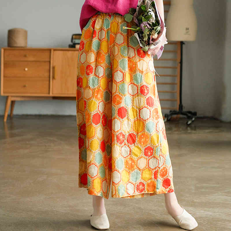 

Johnature Women Wide Leg Pants Print Linen Casual Elastic Waist Loose All-match Vintage Elegant Ankle-Length Pants 210521, Yellow