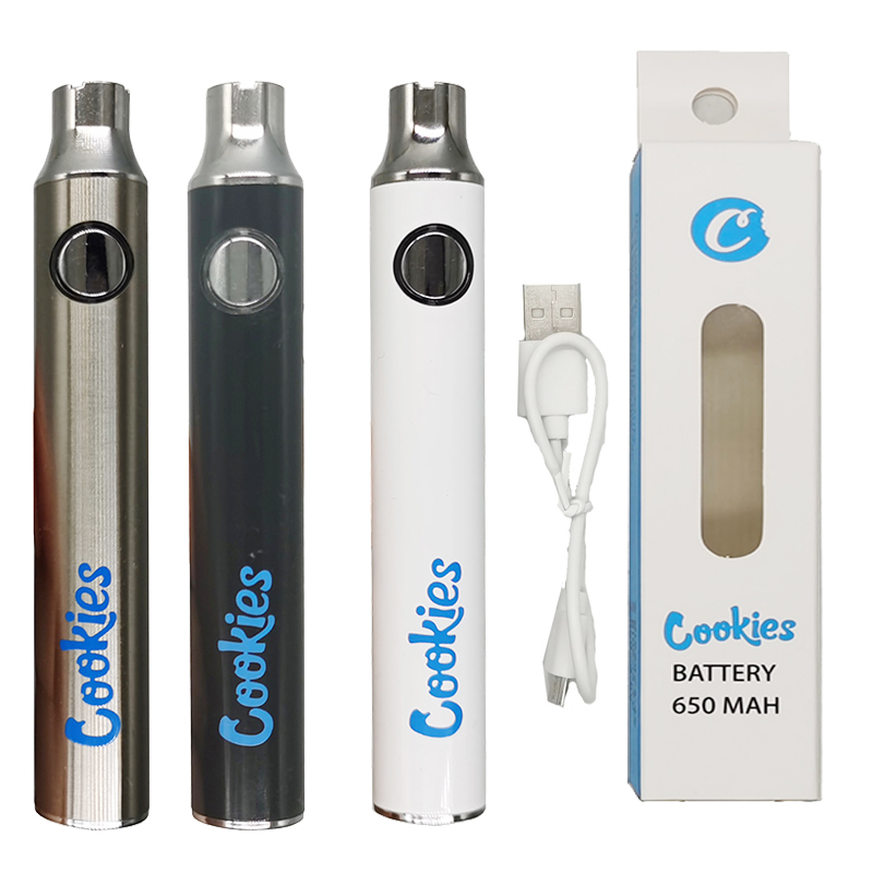 

650mAh Cookies Vape Cartridges Preheating Battery 510 Thread Vapes Pen Battries Adjustable Voltage 3 Colors Pens with USB Charger and Packaging