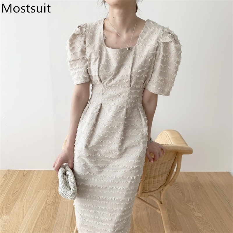 

Summer Korean Tassels Vintage Long Women Dress Short Sleeve Square Collar Elegant Fashion Female Dresses Vestidos Femme 210518, White