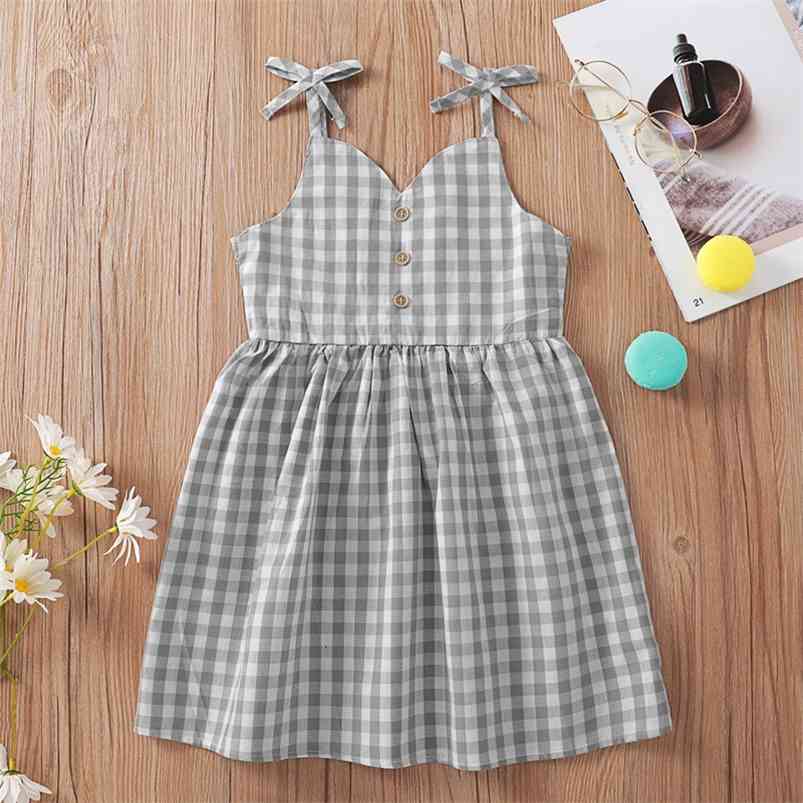 

Summer Girls Dress Strap Button Gray Plaid Cute Vestidos 9M-6T 210629