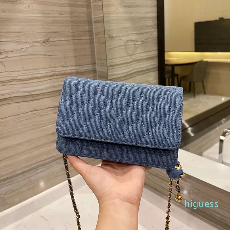 

Womens Denim Jeans CrossBody Bags Classic Fashion Mini Flap Wallet Chain With Ball Purses Coins Multi Pochette bags, Blue