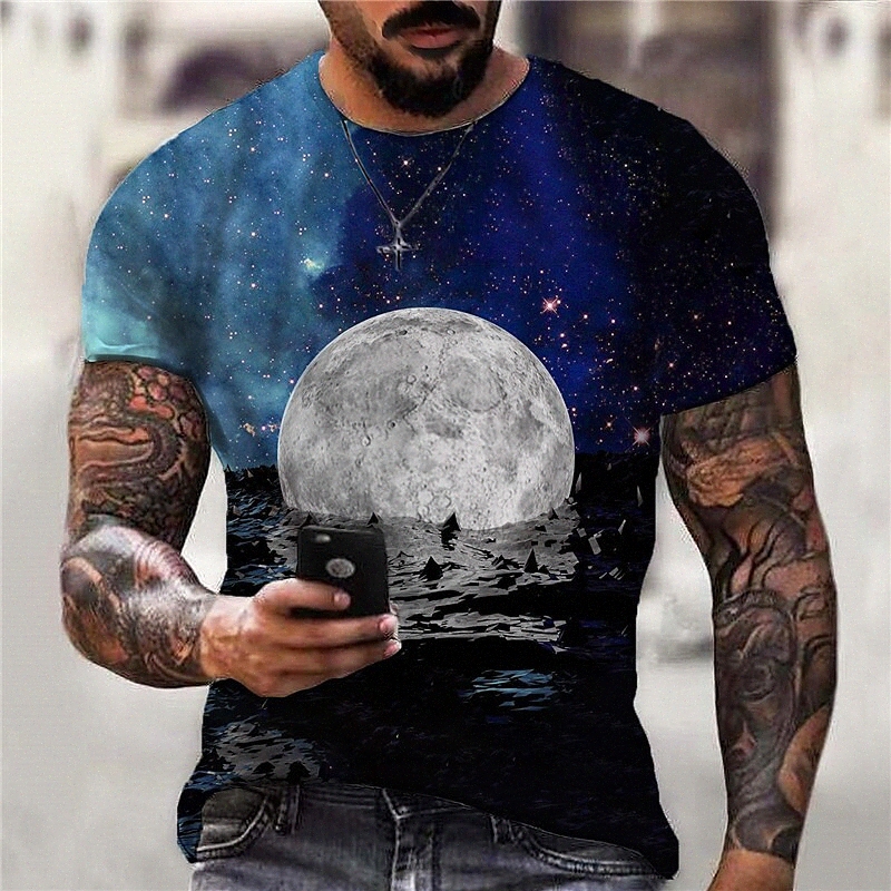 Men's T shirt 3D Print Galaxy Graphic Moon Crew Neck Daily Sports Print Short Sleeve Tops Casual Classic Designer Big and Tall Blue K7vE#