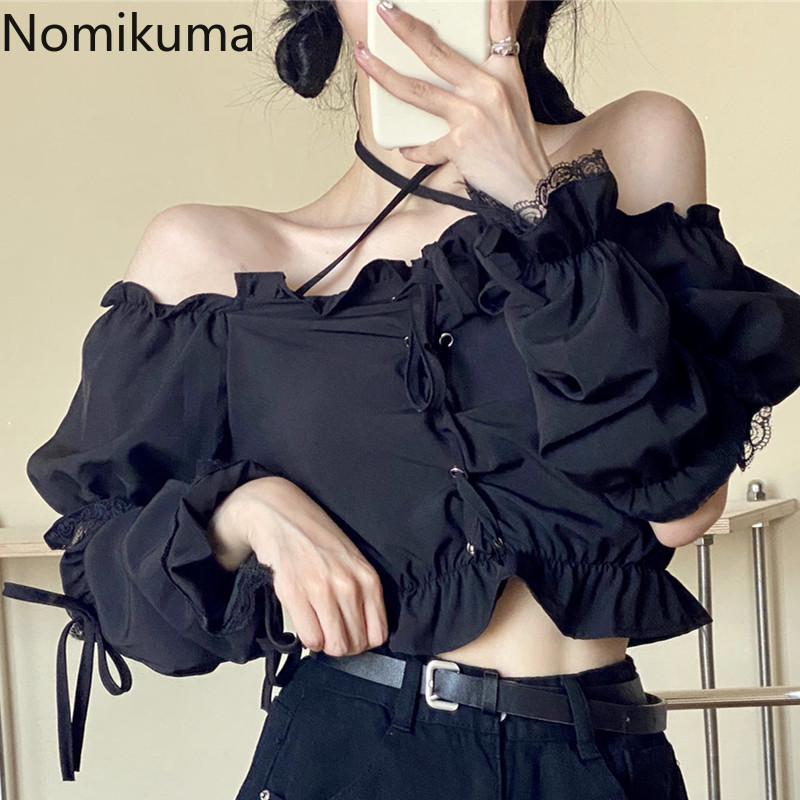 Nomikuma Sexy Short Bandage Women Blouses Slash Neck Strapless Shirt Spring Summer New Puff Sleeve Blusas Feminimo 6G537 210427