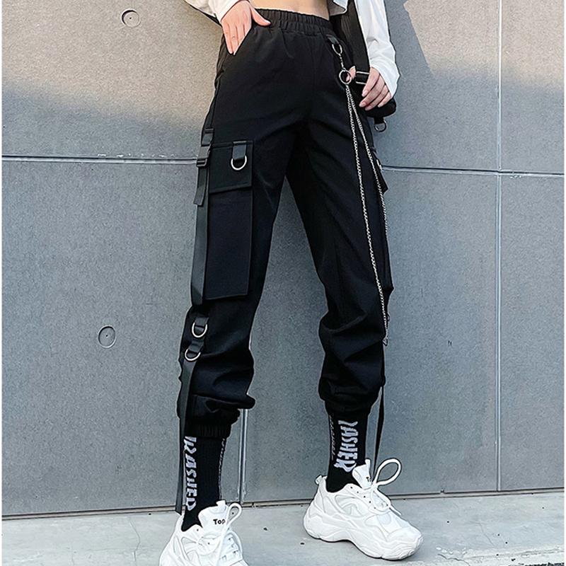 

Women' Pants & Capris Zoki Women Cargo Casual Slim Black High Waist Loose Chain Female Trousers Streetwear Korean Summer Fashion 2021
