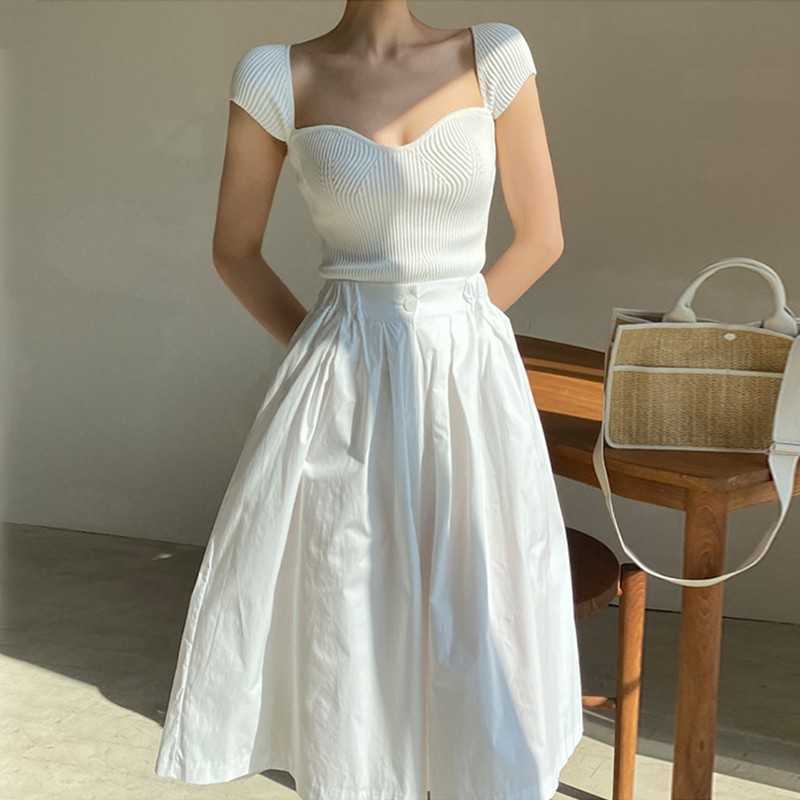 

Women 2 Piece Sets White Sexy Square Collar Short Sleeve Knitted T Shirts + Elastic High waist Big Swing Midi Skirt 210526