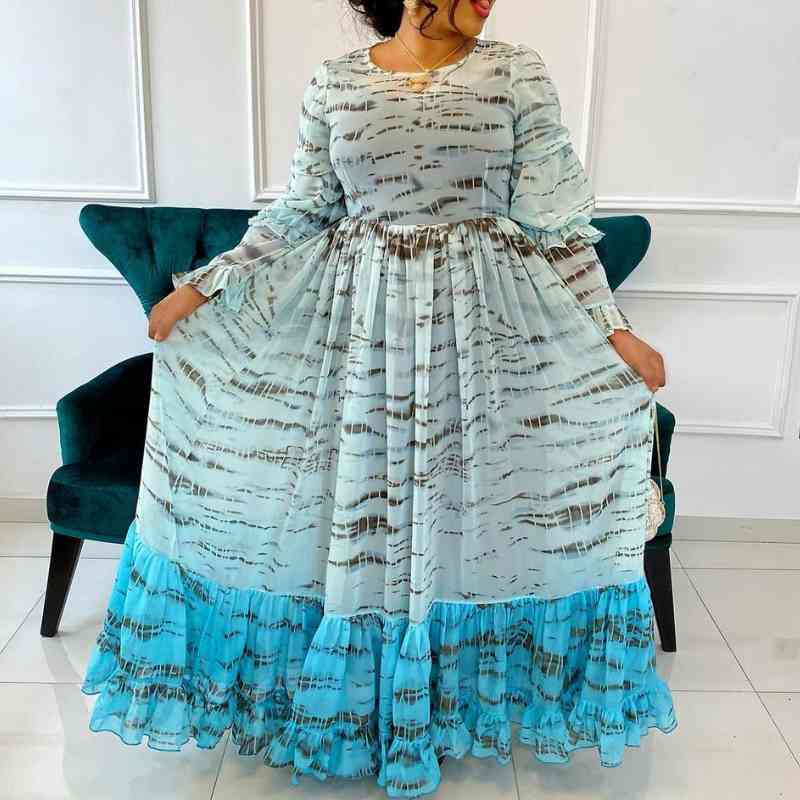 

Two Piece Dress African Women Fashion Maxi Long 2 set Printed Chiffon Ruffle es Party Birthday Date Night Robes Summer EQWL, Green