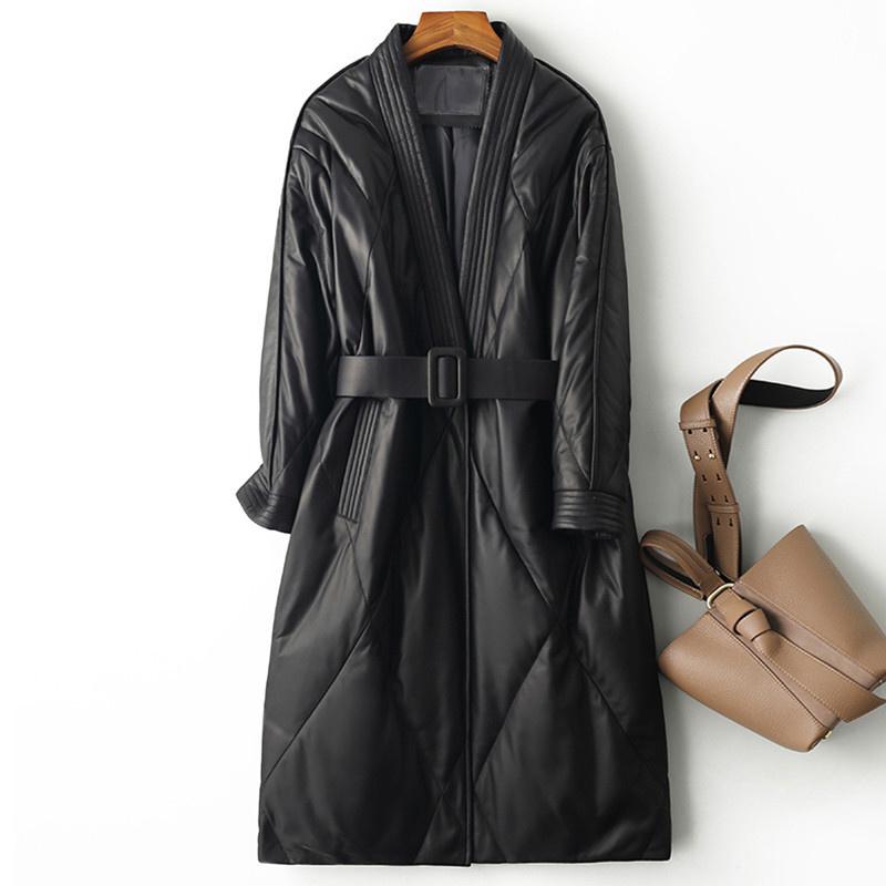 

Women's Leather & Faux Winter High-grade Sheepskin Down Jacket Fashion V-neck 2021 Versatile Lace Up Women, Black