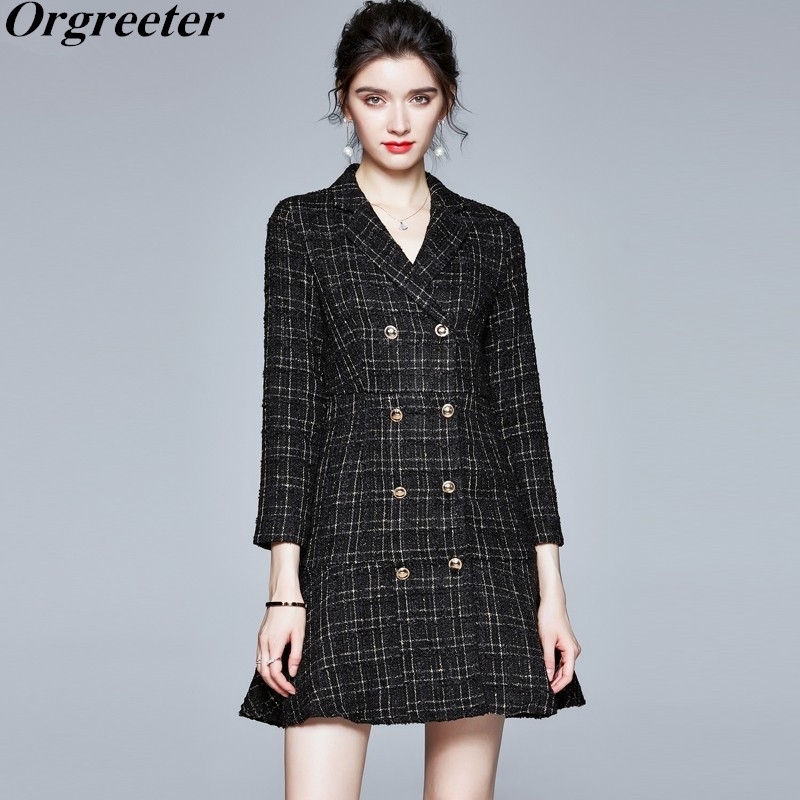 

Retro Tweed Plaid Jacket Dress Female Fall Winter Temperament Double-breasted Notched collar Mermaid Mini Woolen 210525, Black