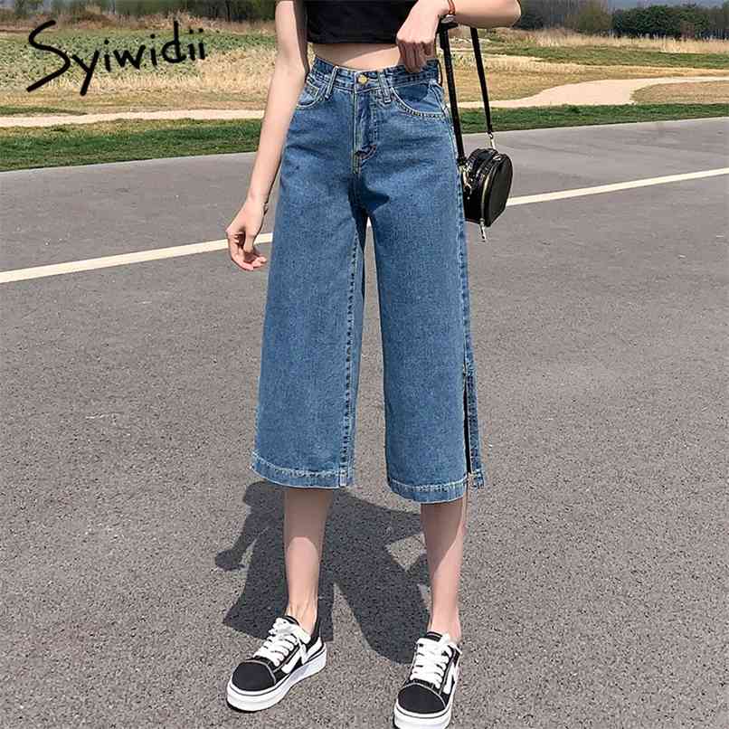 

High Waisted Jeans for Women Knee Length Straight Denim Pants Slit Joggers Fashion Clothes Vintage Streetwear Cut 210607, Sky blue