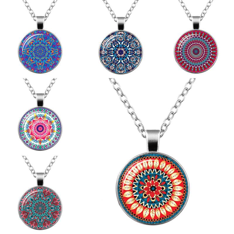 Pendant Necklaces 6 Style Charm Datura Flower Time Gem Glass Necklace 20mm Round Shape For Women Men Long Chain Jewelry-image-700483032