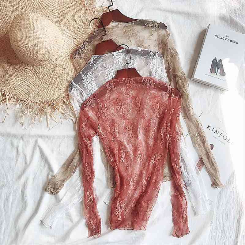 

autume winter women lace blouse women net mesh long sleeve see through transparent blouse, White