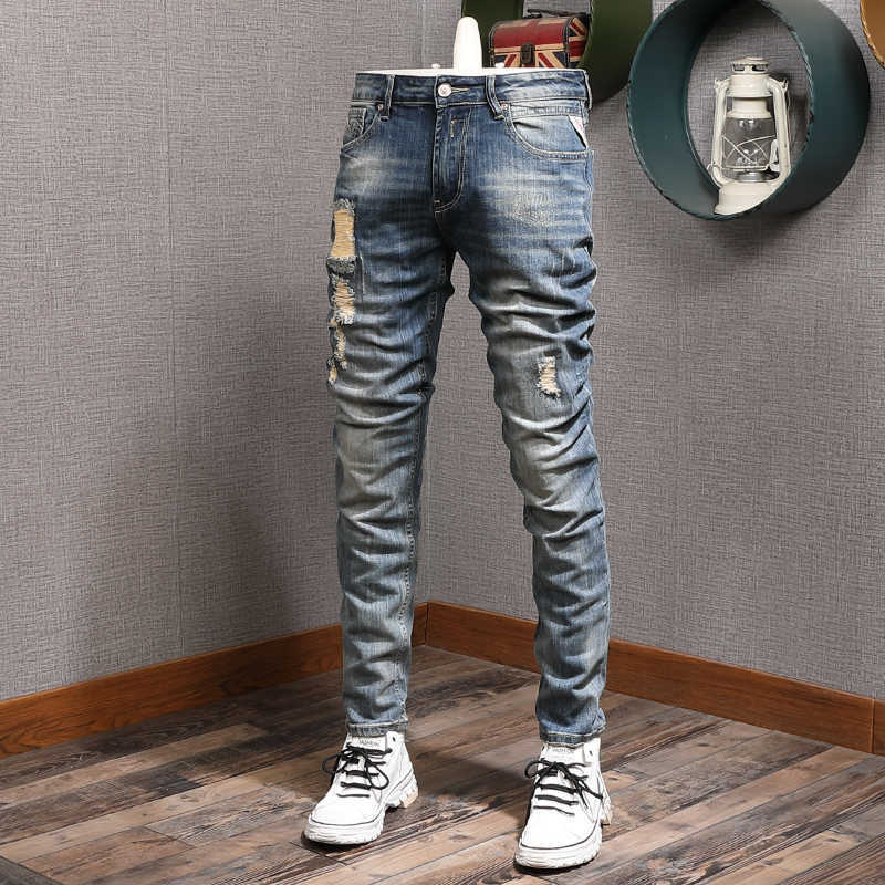 Men&#039;s Jeans Italian Vintage Fashion Retro Blue Elastic Slim Fit Destroyed Ripped For Streetwear Hip Hop Denim Punk Pants 087M-image-702521454