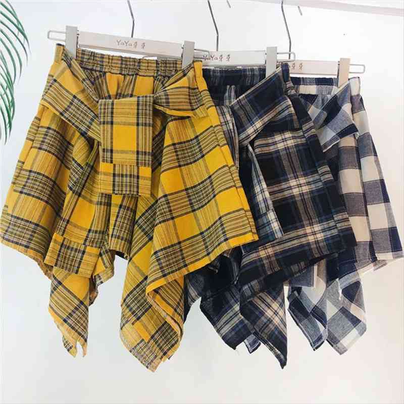 

fashion college asymmetrical summer women skirts plaid casual students fake shirt mini female saia, Black