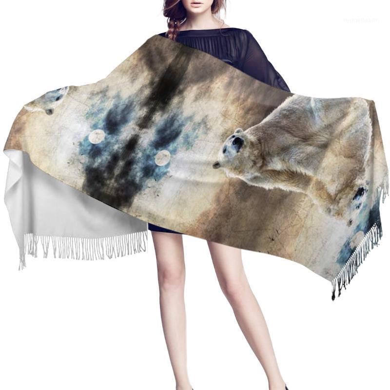 

Scarves Women Cashmere Scarf Autumn Winter Hijab Wrap Moon Polar Bear Waves Printed Shawls Headband Summer Ladies